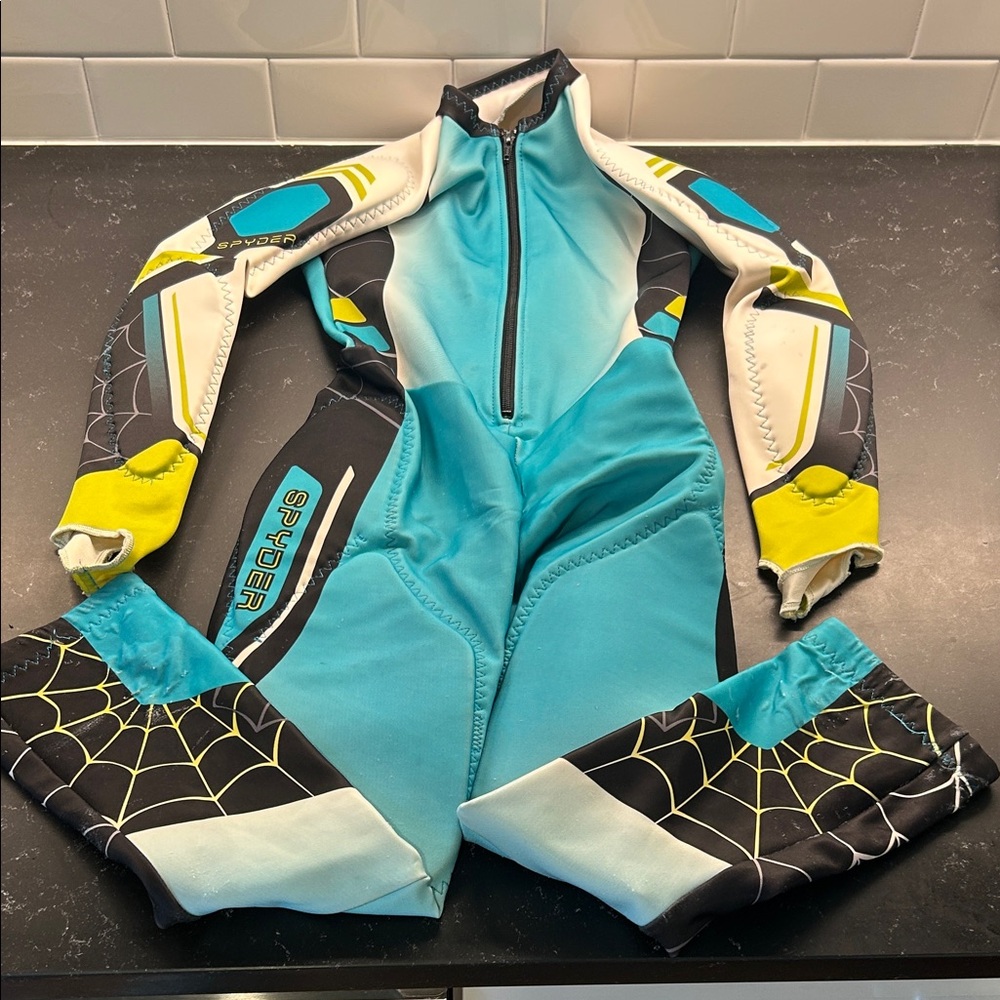 Spyder Teal and Black Ski Racing Suit with Yellow Highlights, kids size 10/12